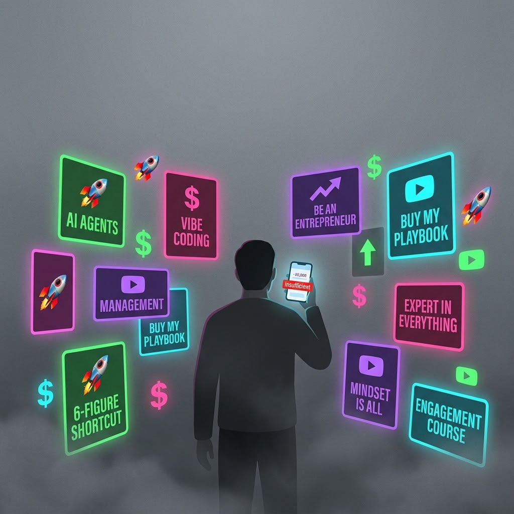 A person in grey fog checks a banking app showing an insufficient balance, surrounded by glowing neon ads: AI Agents, Vibe Coding, Buy My Playbook, 6-Figure Shortcut, Mindset Is All, Engagement Course.